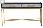 Modern grey shagreen console table with two frosted glass drawers and matte gold cross handles and legs