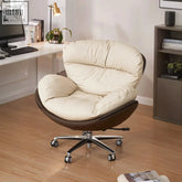 Cream-colored plush cushioned calder swivel office chair with leathaire and sleek dark brown chrome五星 base with wheels