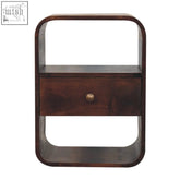 Dark brown california walnut curved edge nightstand with modern curved design and single drawer with brass knob
