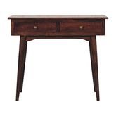 Dark brown california walnut hallway console table with two drawers and brass knobs for stylish storage