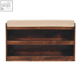 A sleek california walnut shoe rack with mud linen upholstery and beige cushioned top featuring two open shelves