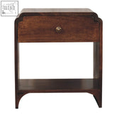 Dark brown california walnut newton bedside table with curved edges and single drawer in california walnut finish