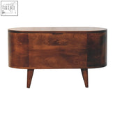 A sleek california walnut blanket box with a rounded lid and rich mahogany finish on tapered legs