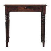 Dark brown california walnut writing desk with a single drawer and turned legs perfect for any workspace
