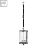 Calina large glass pendant light with chrome finish clear glass body and twisted black cord suspension