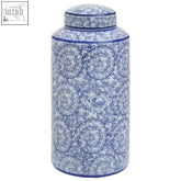 Calix large ceramic jar in blue and white porcelain with intricate swirling floral patterns large ceramic jar