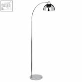 Calle chrome metal floor lamp with chrome finish, arched curved neck, dome-shaped head, and broad round base