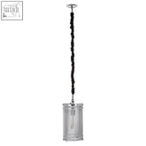 Chrome finished cylindrical calvin pendant light with vertical slats and twisted black cord suspension