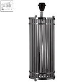 Calvin silver finish cylindrical table lamp with chrome finish metal rods and black bulb holder for modern decor