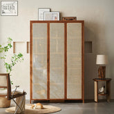 Cameron rattan wardrobe with three doors featuring warm brown solid wood frame and light beige woven cane panels