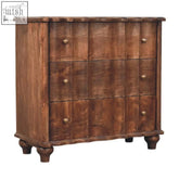 Brown wooden camille chest of drawers with roasted almond finish three rows of drawers and round brass knobs