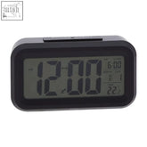 Camran black lcd digital clock with rectangular display showing time date and temperature on a digital clock