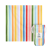 Candy stripes picnic blanket with vibrant recycled material stripes perfect for damp grass and machine washable use
