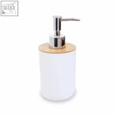 White ceramic canyon white 300ml lotion dispenser with bamboo base and chrome pump for bathroom use