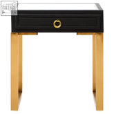 Black glass-top cardoba nightstand with faux shagreen drawer and brushed matte gold legs and circular brass handle