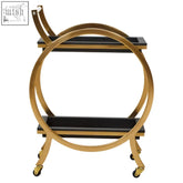 Gold finished serving trolley with two tier black faux shagreen glass shelves and caster wheels for easy mobility
