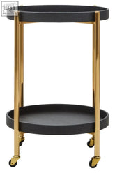 Cardoba two tier black faux shagreen tray table trolley with textured shelves and gold-tone metal legs on caster wheels