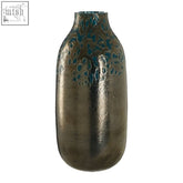 A sleek metallic glass small vase with hammered texture and scattered blue speckled glass teal speckles
