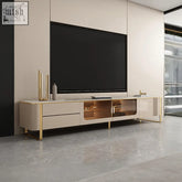 Modern beige and gold tv console carl tv stand with gold leg and glass fronted storage compartments