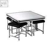 Silver-framed mirrored coffee table with black crocodile leather effect stools from the Carla 5 piece set