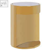 Carlox gold and marble effect round side table with a gold finish, white top, and mirrored base in marble effect style