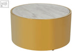 Carlos round gold coffee table with a marble effect white marble top and cylindrical gold finish base
