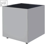 Gray metallic cube planter with black interior on carlox square chrome finish side table with square chrome design