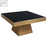 Modern square coffee table with sleek black glass top and brushed gold finish coffee metal base carlox design