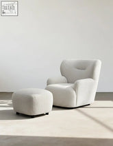 Cream-colored plush faux fur carmen armchair with matching ottoman in white boucle offer financing and low shipping cost