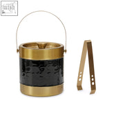 Carolina black enamel ice bucket in black and gold with hammered stainless steel texture and matching tongs