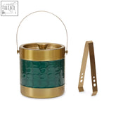Carolina green enamel ice bucket featuring green textured ceramic with gold metallic rim handle and matching tongs