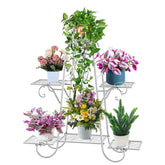 Silver metal plant stand with ornate scrollwork design from carolyndesign 6 tier pot holder shelf for indoor outdoor use