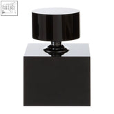 Black glossy perfume bottle with square base and cylindrical cap in a carrie black crystal large bottle design