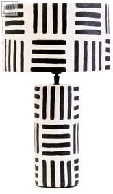 Carta black and white papier mache table lamp with geometric lines and cylindrical base with matching shade