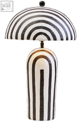 Carta black and white stripe papier mache table lamp with dome shade and curved base in white stripe design