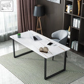 Modern white marble-effect casson office desk with black metal frame made from durable sintered stone for stylish workspace