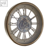 Vintage-style cassop wall clock with antique gold metallic frame roman numerals and exposed mechanical gears