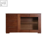 Brown wooden cassy walnut veneer sideboard with three left drawers glass front display cabinet and two right drawers