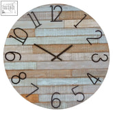 Circular castlewood fir wood clock with rustic wooden plank design natural tones and black numerals and hands