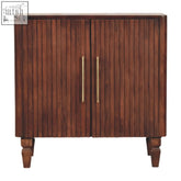 Dark brown cavallo chest of drawers with vertical slats and gold handles made from natural mango wood