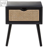 Black nightstand cebu 1 drawer side table features woven cane front panel open silhouette and angular legs