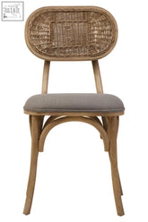 Woven rattan back dining chair with grey upholstered seat and grey wash elm wood frame ideal for dining room