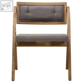 Modern wooden folding chair with grey wash elm wood frame and grey upholstered seat and backrest in minimalist style