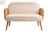Beige cebu 2-seater sofa with ivory fabric upholstery woven cane armrests and tapered elm wood legs