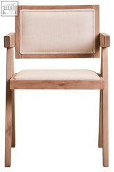 Minimalist dining chair with ivory fabric seat and grey wash beech wood frame in natural tones