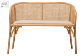Natural cane and beech wood bench with woven rattan frame and light beige cushioned seat for cozy seating