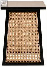 Black-framed cebu side table with natural cane weaving panel and matte gray elm wood top