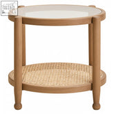 Light oak side table with clear glass top and woven cane lower shelf in grey wash elm wood finish