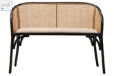 Black-framed wicker bench with beige cushion featuring natural cane and sturdy black beech wood frame design