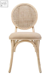 Beige woven rattan elm wood dining chair with curved backrest and upholstered seat for wood dining rooms